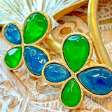 Vintage Gold Plated Resin Earring Silver Post Green/Blue 4 Leaves