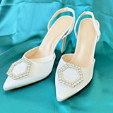 White Rhinestone Crystal Buckle Slingback Pumps Dress shoes 4.5" Heel