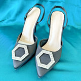 Rhinestone Crystal Buckle BLACK Slingback Pumps Dress shoes US8