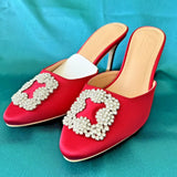 Pointed Toe Mule Crystal Rhinestone Sandals Stiletto Heel RED Satin