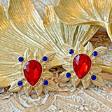Vintage French Gold Plated Resin/Rhinestone Earring Silver Post Red Blue