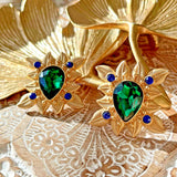 Vintage European Gold Plated Resin/Rhinestone Earring Silver Post Green/ Blue