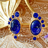 Vintage European Gold Plated Cabochon Resin Earring Silver Post Blue