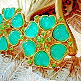 Vintage Gold Plated Resin/Rhinestone Earring Silver Post Green Lucky