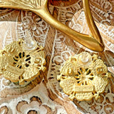 Vintage Gold Plated Resin/Rhinestone Earring Silver Post Green Lucky