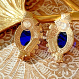 Vintage European Gold Plated Cabochon Resin Earring Silver Post Blue