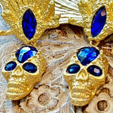 Vintage Gold Plated Rhinestone Skull Dangle Earring Silver Post Blue