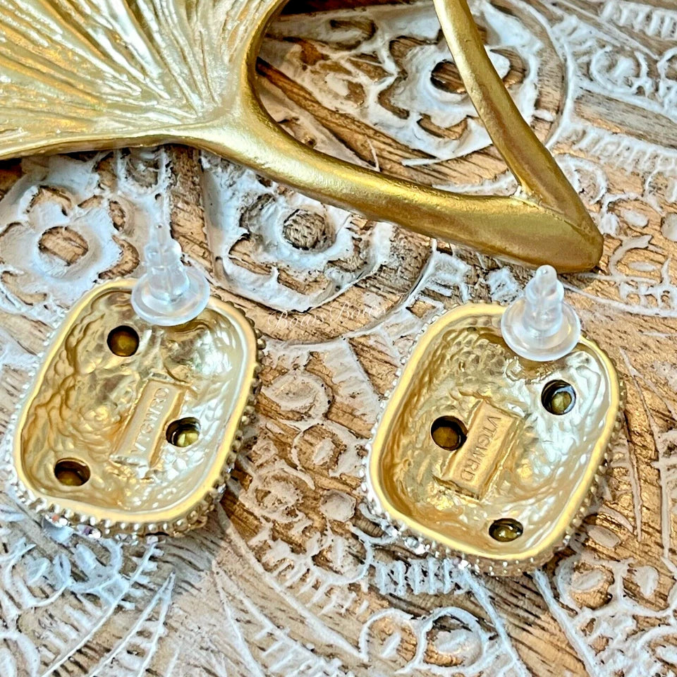 Vintage Gold Plated Crystal Earring Silver Post Green/Blue/Red