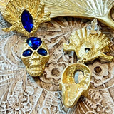 Vintage Gold Plated Rhinestone Skull Dangle Earring Silver Post Blue