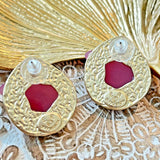 Vintage Gold Plated Resin Earring Silver Post Fuchsia Flower