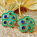 Victoria Gold Plated Crystal Earring Silver Post Blue/Green 1980