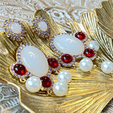 Vintage Gold Plated Resin Dangle Earring Silver Post White/Red