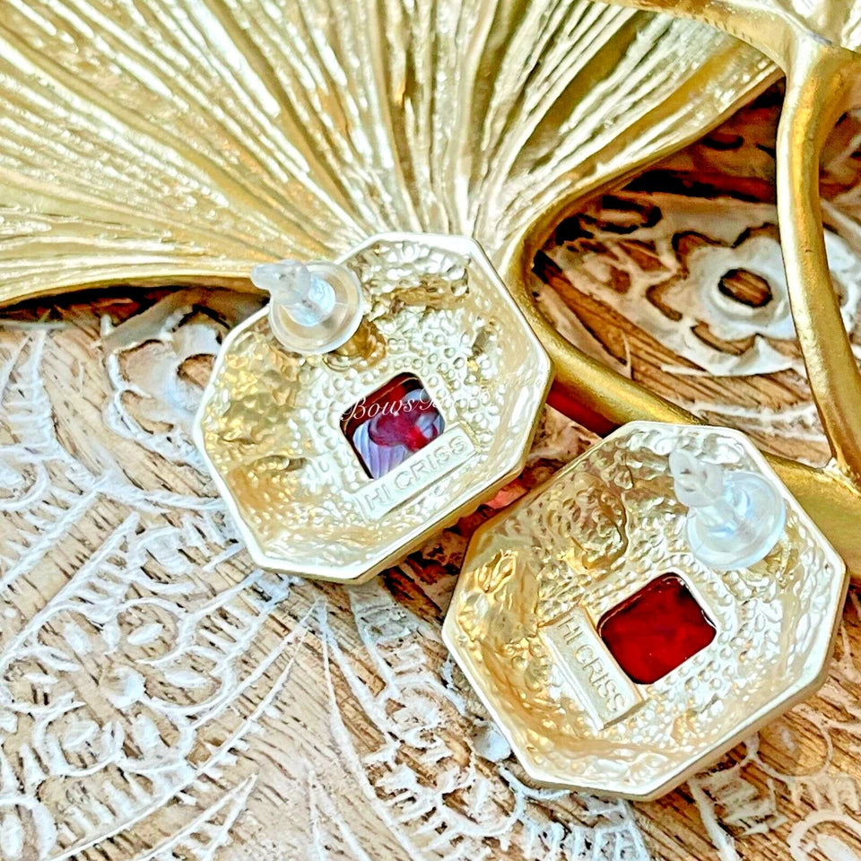French Gold Plated Resin/Crystal Earring Silver Post Red Square