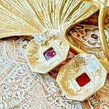 French Gold Plated Resin/Crystal Earring Silver Post Red Square