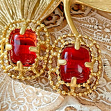 Vintage French Gold Plated Resin Earring Silver Post Red VTGWRD