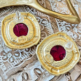 Vintage Gold Plated Resin/Crystal Earring Silver Post Red BAUER