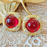 Vintage Gold Plated Resin/Crystal Earring Silver Post Red BAUER