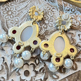 Vintage Gold Plated Resin Dangle Earring Silver Post White/Red