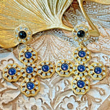 Vintage Gold Plated Resin Cross Dangle Earring Silver Post Blue