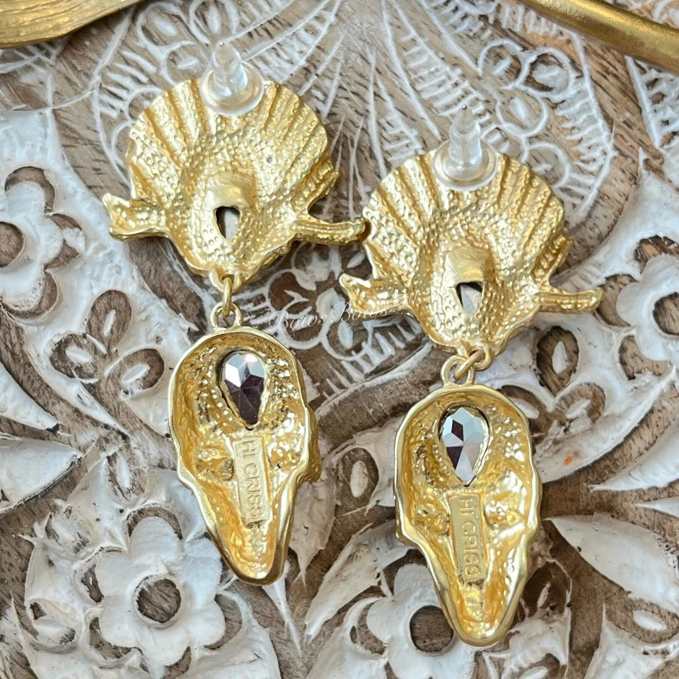 Vintage Gold Plated Resin Drop Earring Silver Post Red Skull