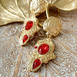 Vintage Gold Plated Resin Drop Earring Silver Post Red