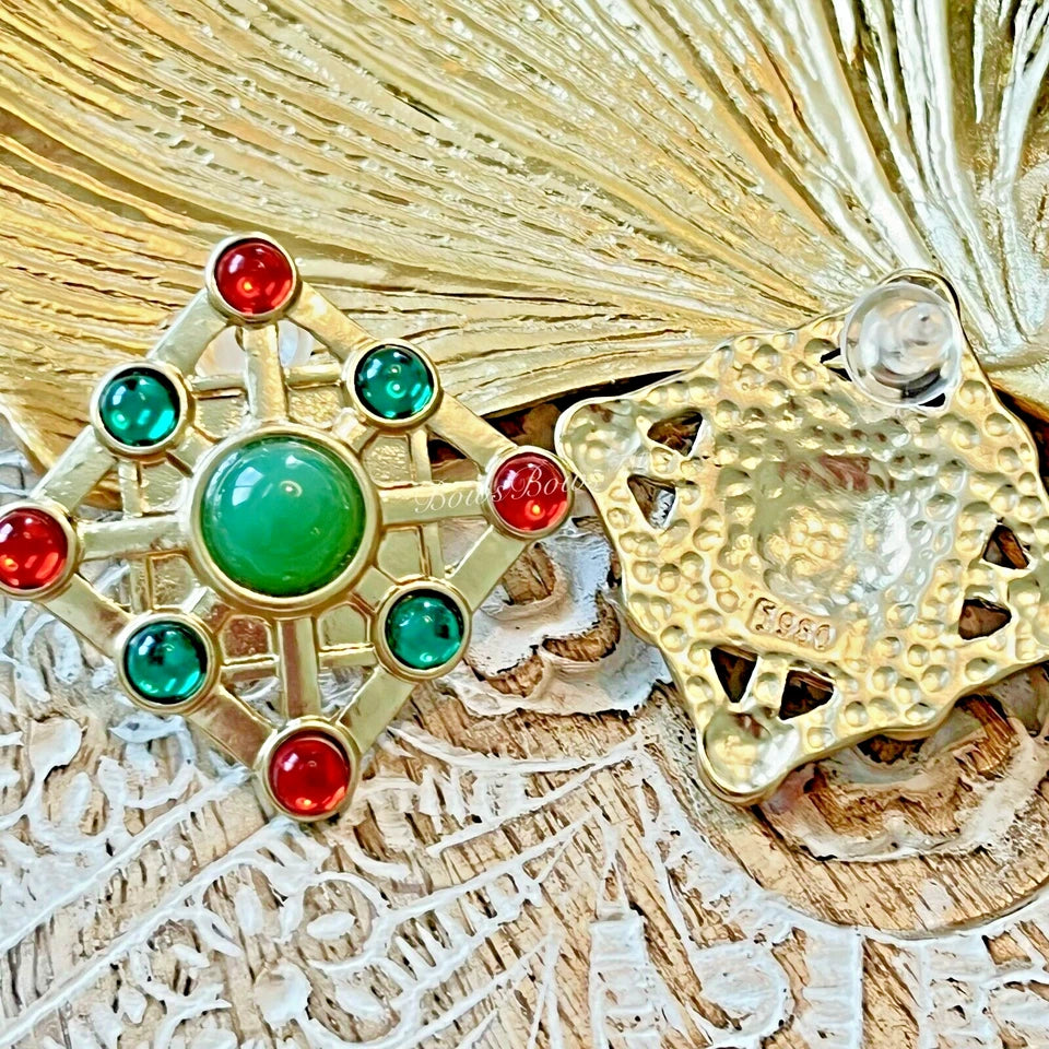 Vintage European Gold Plated Resin Earring Silver Post Green 1980