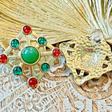 Vintage European Gold Plated Resin Earring Silver Post Green 1980
