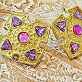 Victoria Gold Plated Resin/Crystal Earring Silver Post Pink/ Purple