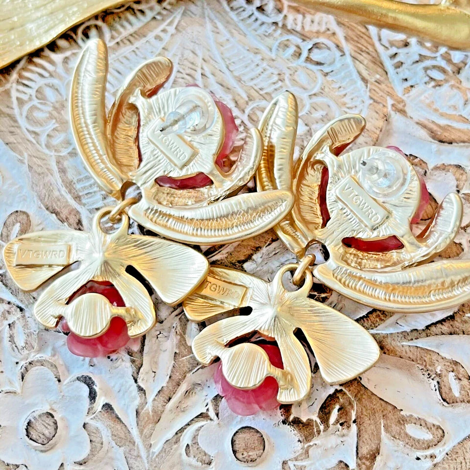 French Gold Plated Rhinestone /Resin Dangle Earring Silver Post Pink