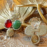Vintage Gold Plated Resin Earring Silver Post Green/ Red/ Gold
