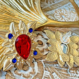 Vintage French Gold Plated Resin/Rhinestone Earring Silver Post Red Blue