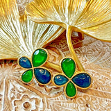 Vintage Gold Plated Resin Earring Silver Post Green/Blue 4 Leaves