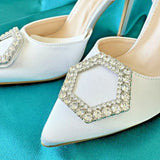 White Rhinestone Crystal Buckle Slingback Pumps Dress shoes 4.5" Heel