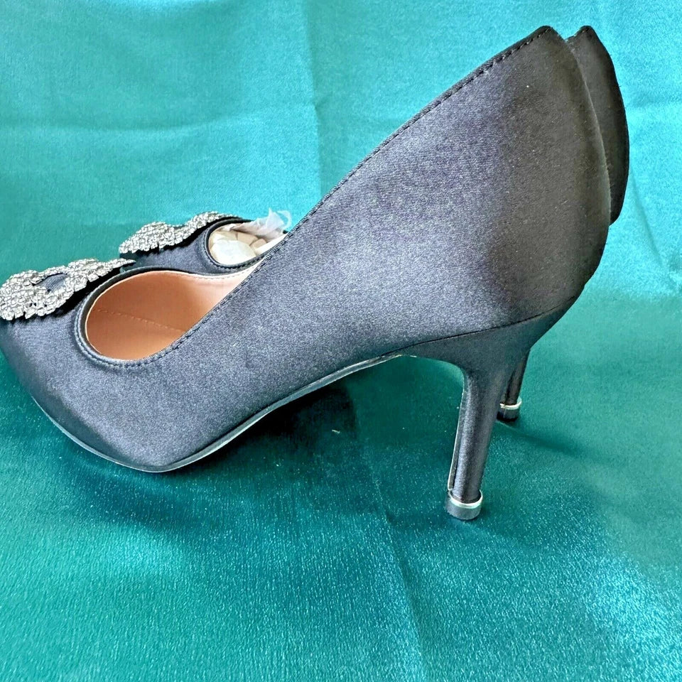 Jeweled Buckle Stain Black Hangisi High Heels 4" Pump Crystal Shoes US 6.5