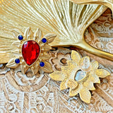 Vintage French Gold Plated Resin/Rhinestone Earring Silver Post Red Blue
