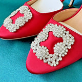 Pointed Toe Mule Crystal Rhinestone Sandals Stiletto Heel RED Satin