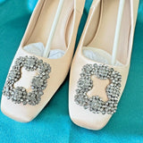 3"SquareToe Champagne Beige Satin Rhinestone Crystal  Luxury shoe US8