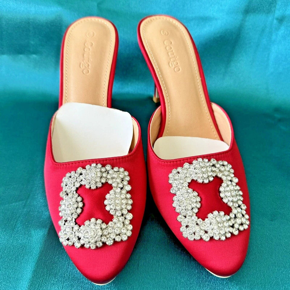 Pointed Toe Mule Crystal Rhinestone Sandals Stiletto Heel RED Satin