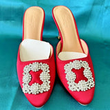 Pointed Toe Mule Crystal Rhinestone Sandals Stiletto Heel RED Satin