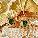 Vintage European Gold Plated Resin/Rhinestone Earring Silver Post Green/ Blue